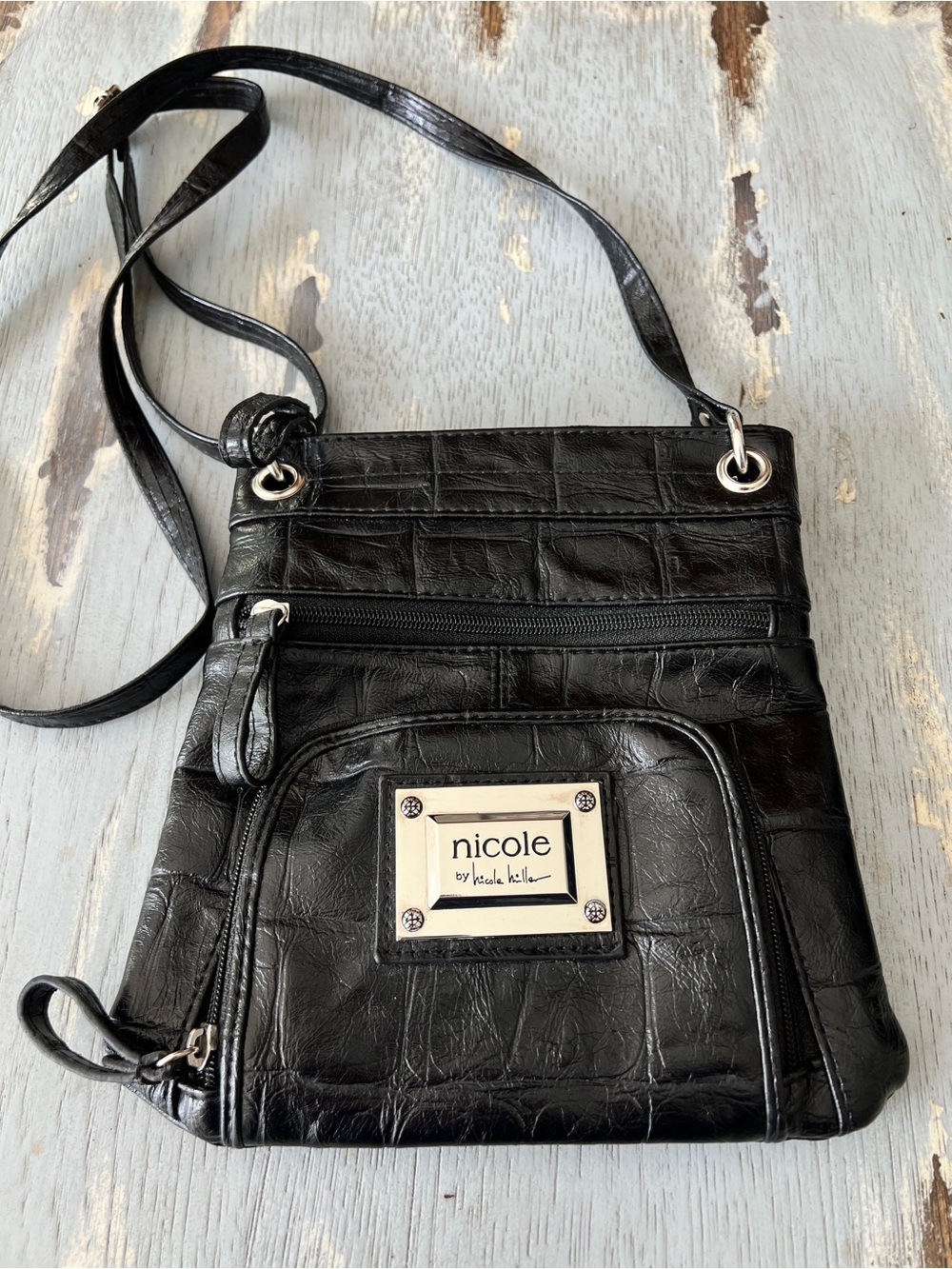 Nicole by Nicole Miller Black Faux-Croc Crossbody Bag - Picture 7 of 12